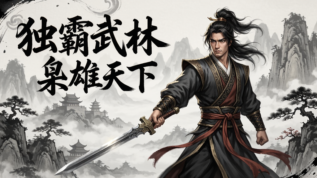 独霸武林之枭雄天下游戏封面,武侠风格,主角持剑站立,背景为古风山水