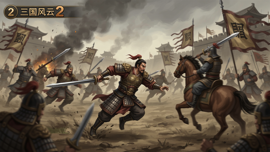 三国风云2游戏战斗场景,武将冲锋,硝烟弥漫,古代战场风格
