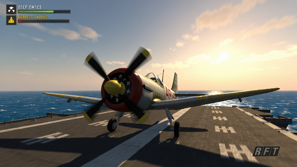 空中冲突太平洋航母游戏截图,一架F4F野猫战斗机在航母甲板上准备起飞,背景是蓝色海洋和夕阳