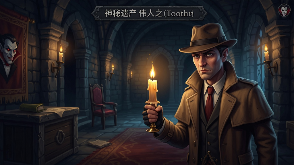 神秘遗产伟人之戒游戏场景,吸血鬼古堡内部昏暗灯光,侦探手持蜡烛探索