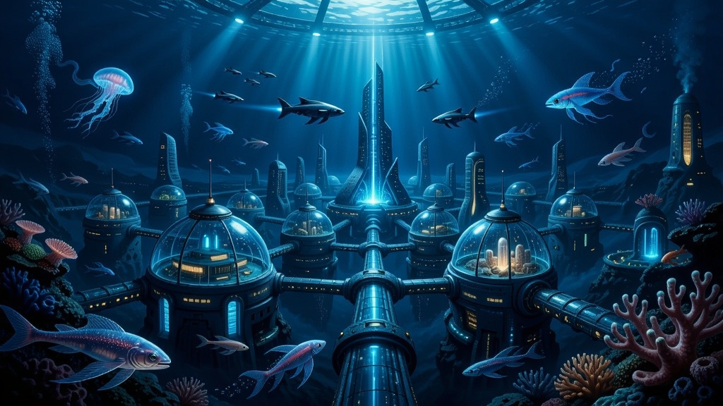 未来海底城市全景,发光建筑群落,深海生物穿梭,蓝色光影氛围