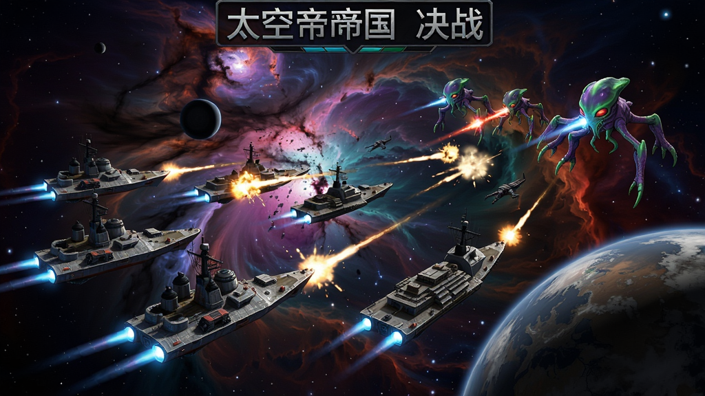 太空帝国决战星球游戏画面,一支由驱逐舰和巡洋舰组成的舰队正在与外星敌舰交火,背景是绚丽星云