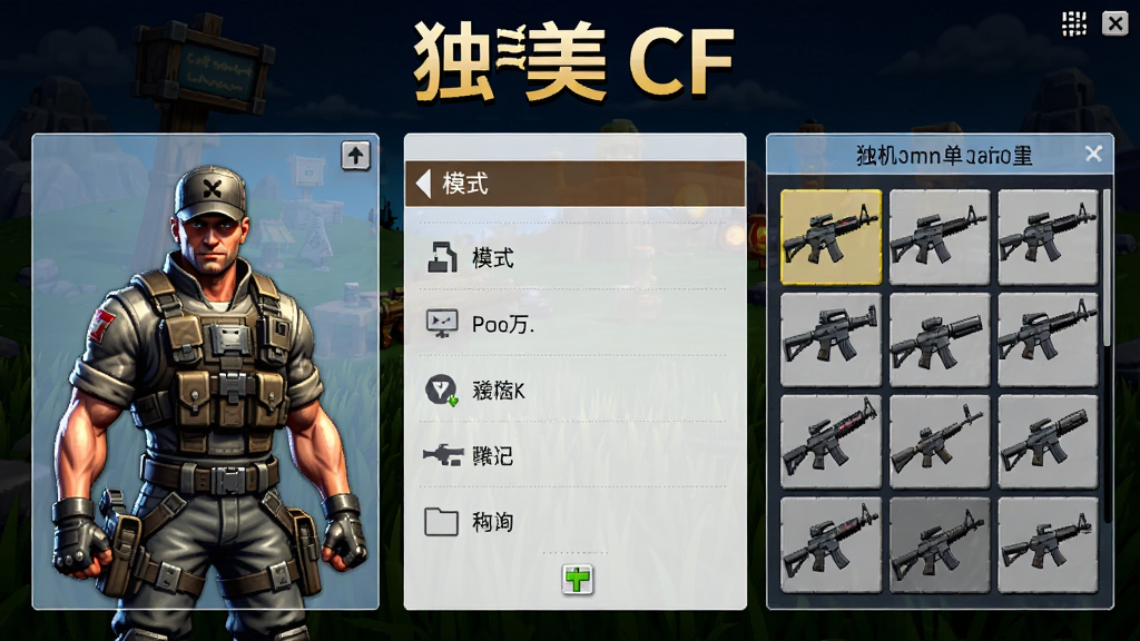 独美CF单机版游戏主界面截图,展示角色选择、模式菜单和武器库,画面清晰色彩鲜明