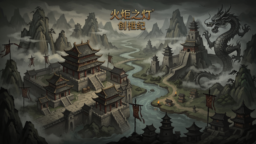 火炬之光创世纪中国风地图场景,古风建筑,山水画卷,龙图腾,暗黑风格
