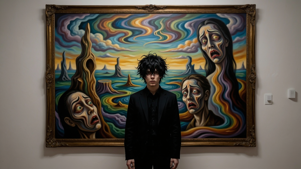 梦魑画忆中主角站在一幅巨大的画前,画中的场景与现实重叠,人物表情扭曲,充满超现实主义色彩