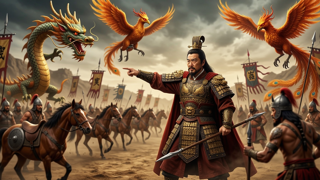 轩辕黄帝指挥上古军队在中原战场上与蚩尤部落激战的场景,画面充满神话色彩,有龙、凤凰等神兽助阵