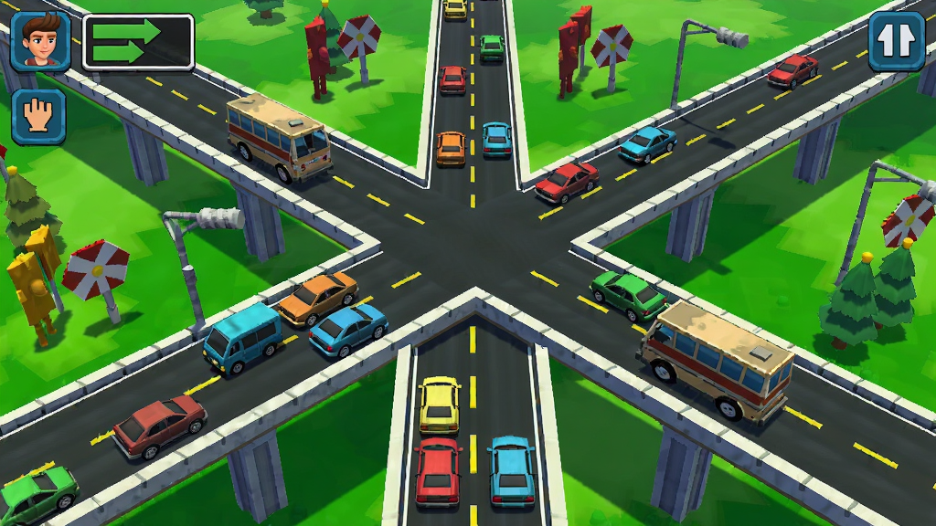 奇异道路游戏中玩家正在规划的立体交叉道路网络,画面色彩鲜明,车辆在道路上行驶