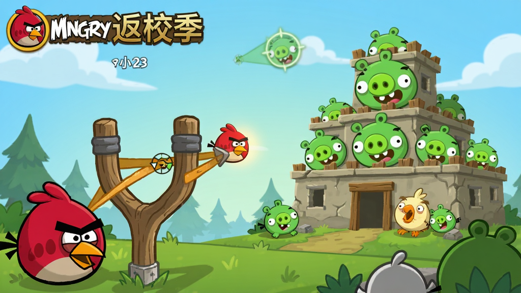 愤怒的小鸟返校季游戏场景,小鸟弹弓瞄准猪头堡垒