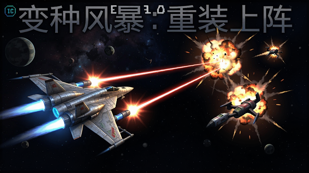 变种风暴:重装上阵游戏截图,太空背景,战斗机发射激光,敌人爆炸特效