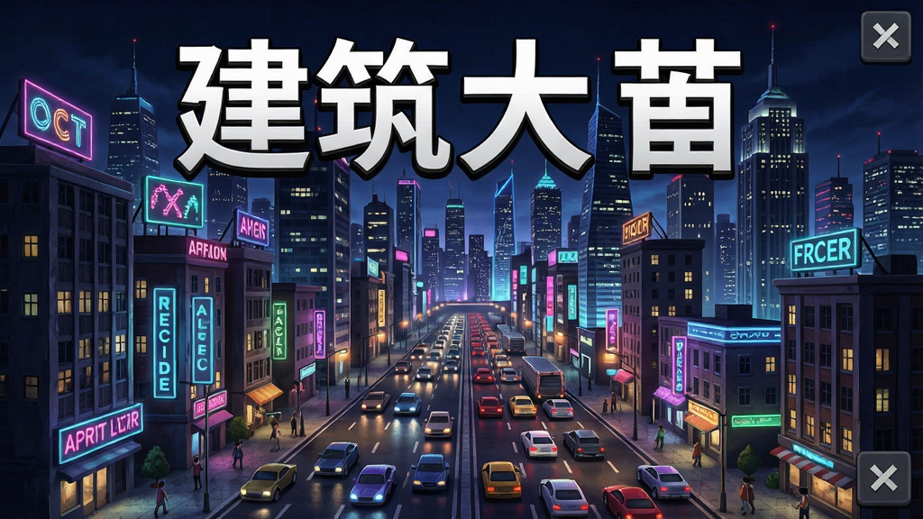 建筑大亨游戏宣传图, 展示繁华城市夜景, 霓虹灯闪烁, 高楼林立, 车水马龙