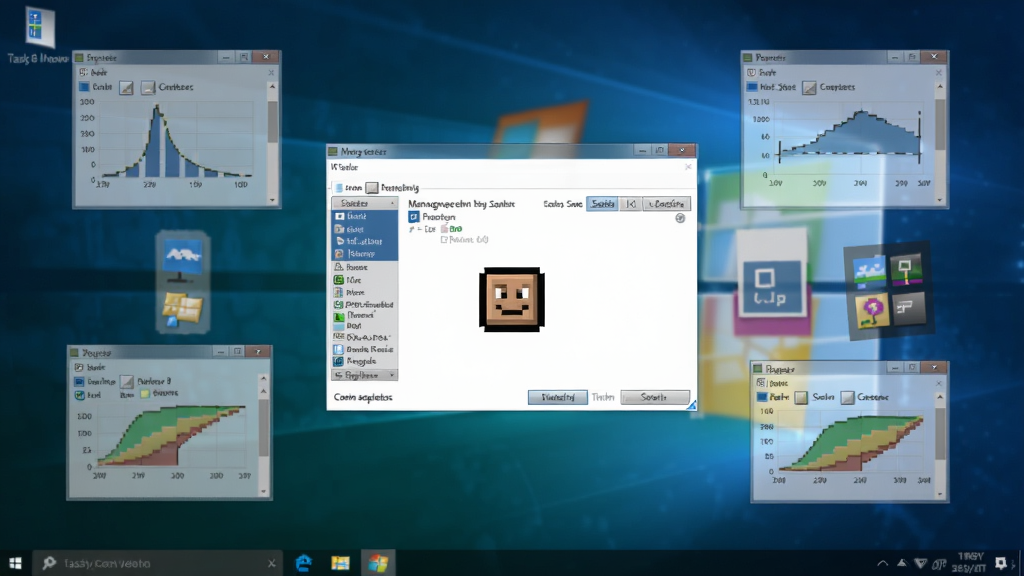一个像素风格的小方块站在Windows 8任务管理器界面中央,周围悬浮着各种半透明的进程窗口和彩色图表,背景是深蓝色的毛玻璃效果,整体画面充满恶搞和复古气息