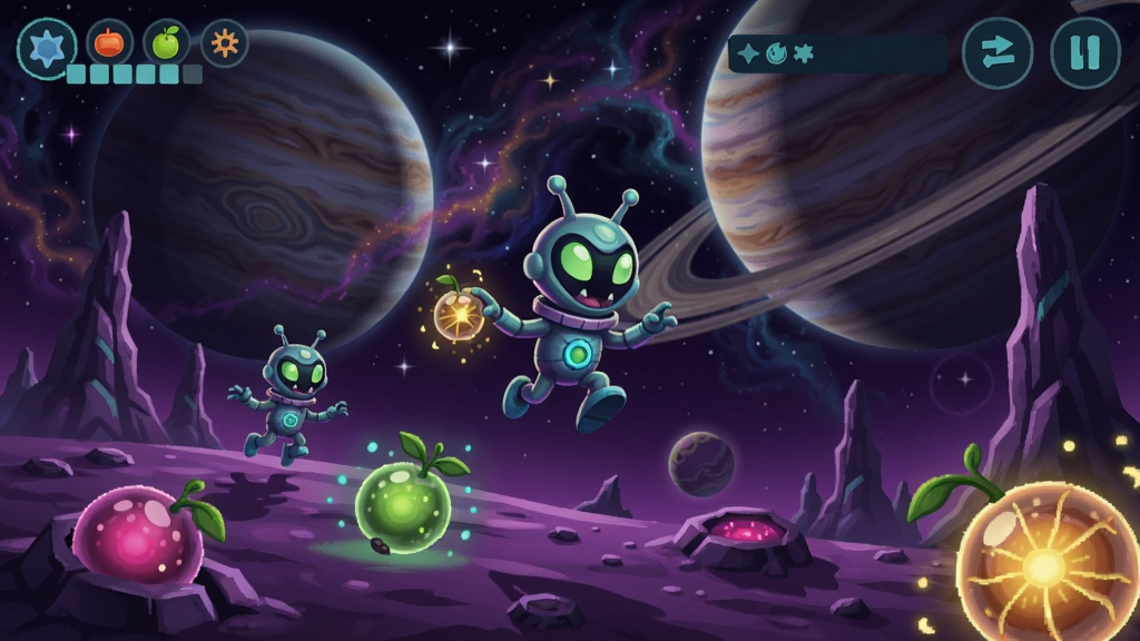 外星粒子觅食传说游戏画面,小外星人在紫色星球上跳跃采集发光果实,背景有巨大的行星和星云