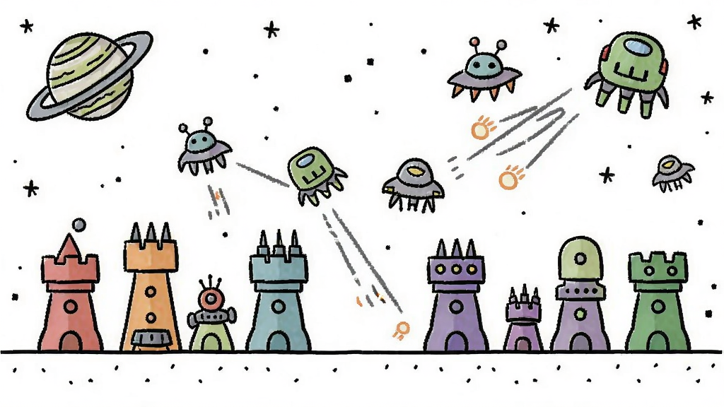 简单线条勾勒的太空塔防游戏场景,星际背景,各种彩色防御塔排列,外星飞船进攻