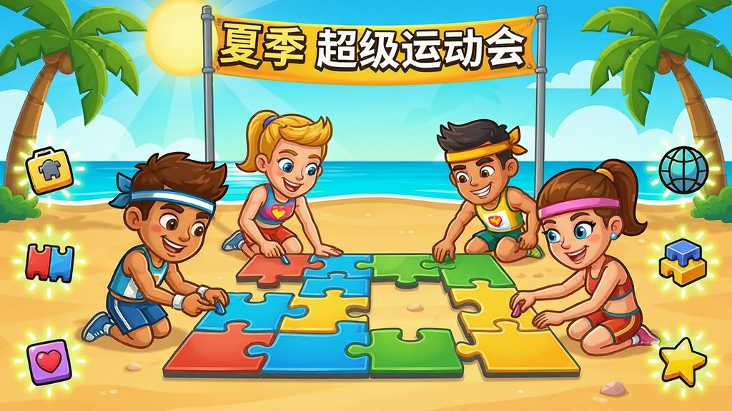 夏季超级运动会拼图找物运动会游戏场景,卡通风格,阳光沙滩,运动员正在进行拼图挑战,周围有隐藏物品闪烁提示