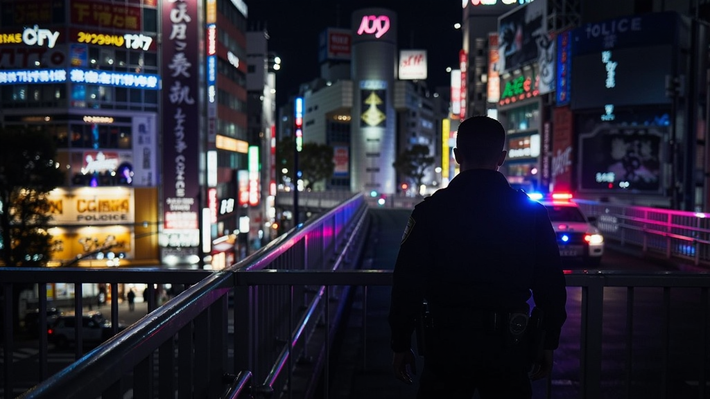 都市夜景,霓虹灯下,一个背影站在天桥上,远处有警车灯光闪烁,暗示案件的紧张气氛