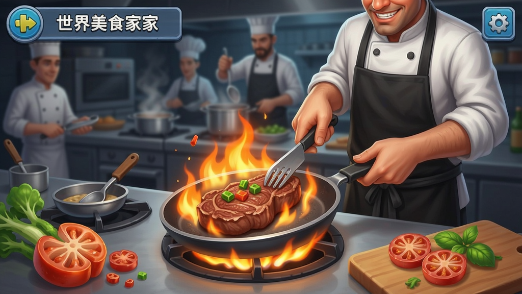 世界美食家游戏内烹饪场景,厨师正在制作牛排,火焰和食材特写