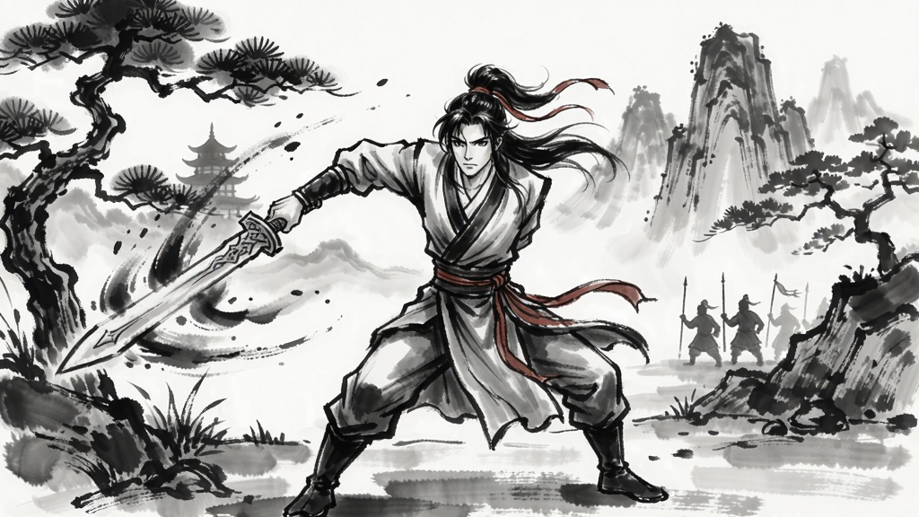 仙剑奇侠传逍遥续传李逍遥战斗场景,水墨风格,古风仙侠