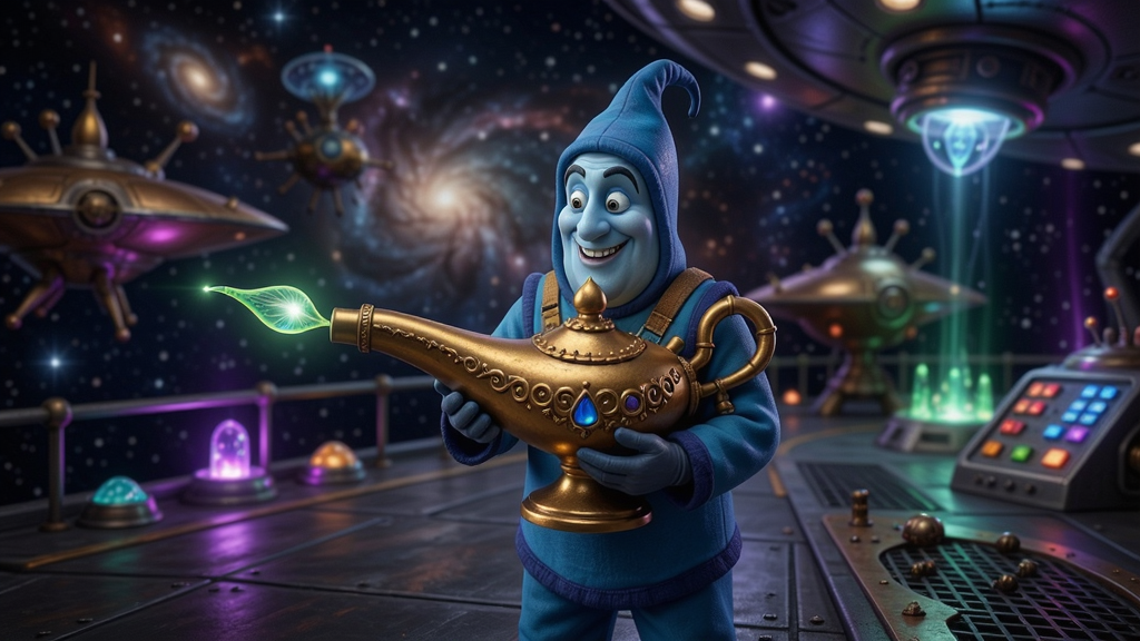 神灯精灵站在外星飞船甲板上,周围是闪烁的星空和未知的光线