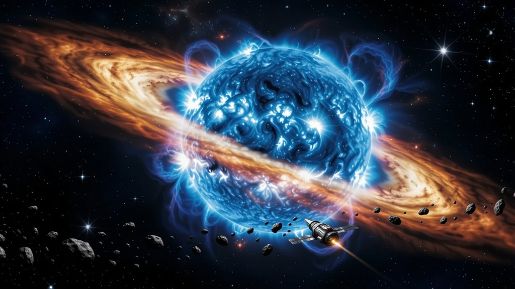 宇宙中一颗巨大的蓝色恒星周围环绕着发光的气体星云,远处有无数星光,飞船在小行星带中穿行