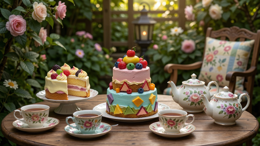 A cozy tea garden with colorful cakes and tea cups