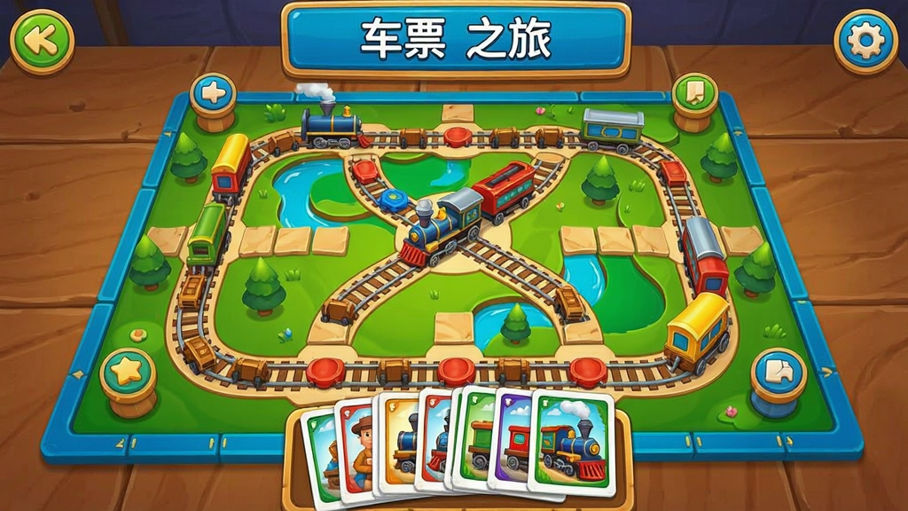 车票之旅游戏界面,玩家正在规划铁路路线,色彩鲜艳的棋盘和火车卡牌