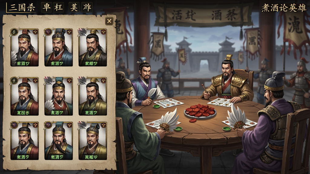 三国杀单机版煮酒论英雄游戏主界面截图,显示武将选择界面和酒桌战斗场景,人物卡牌风格古风