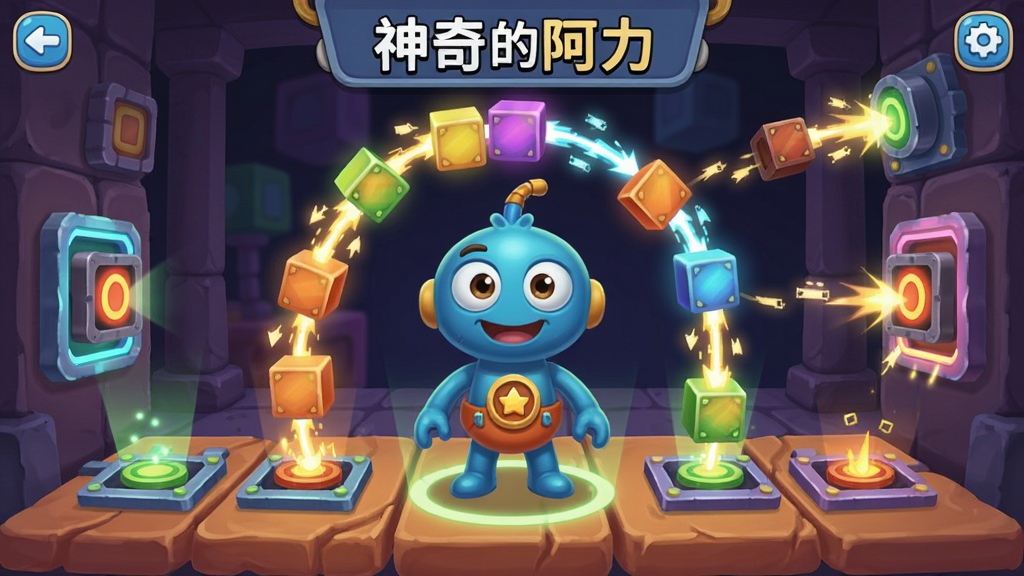 神奇的阿力游戏界面,阿力站在场景中央,周围布满了彩色方块和触发机关,连锁反应即将开始