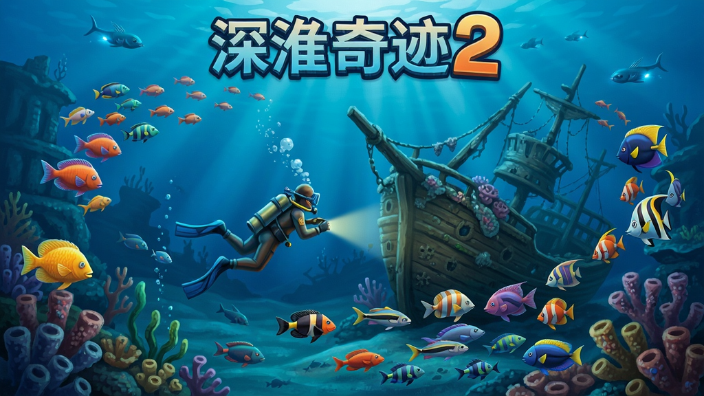 深海奇迹2游戏画面,蓝色海底背景,彩色鱼群环绕,一位潜水员正在探索沉船