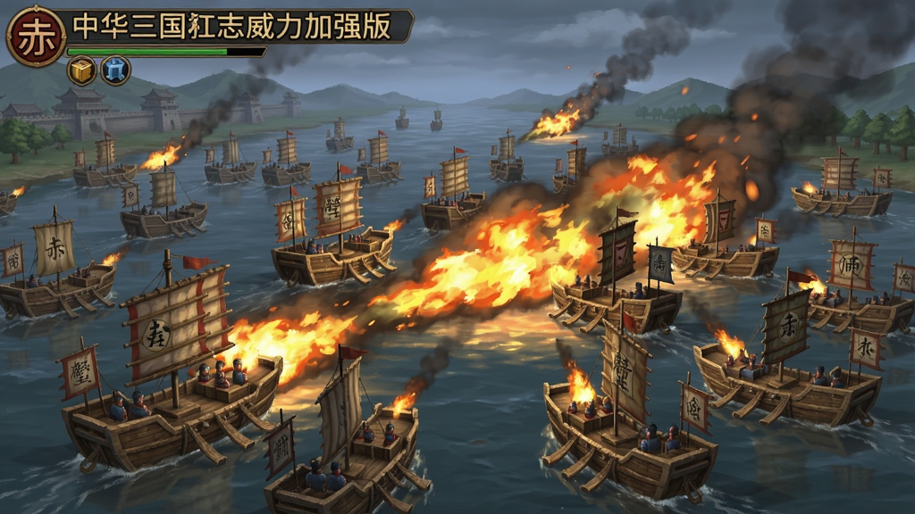 中华三国志威力加强版游戏截图,展现赤壁之战宏大场景,众多战船与火焰特效