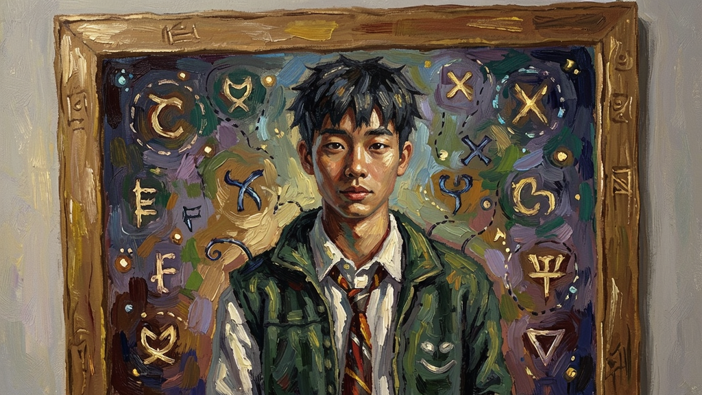 一幅色彩斑斓的油画中,主角站在画框边缘,一半身体在画内一半在画外,周围漂浮着古老的符号和光点