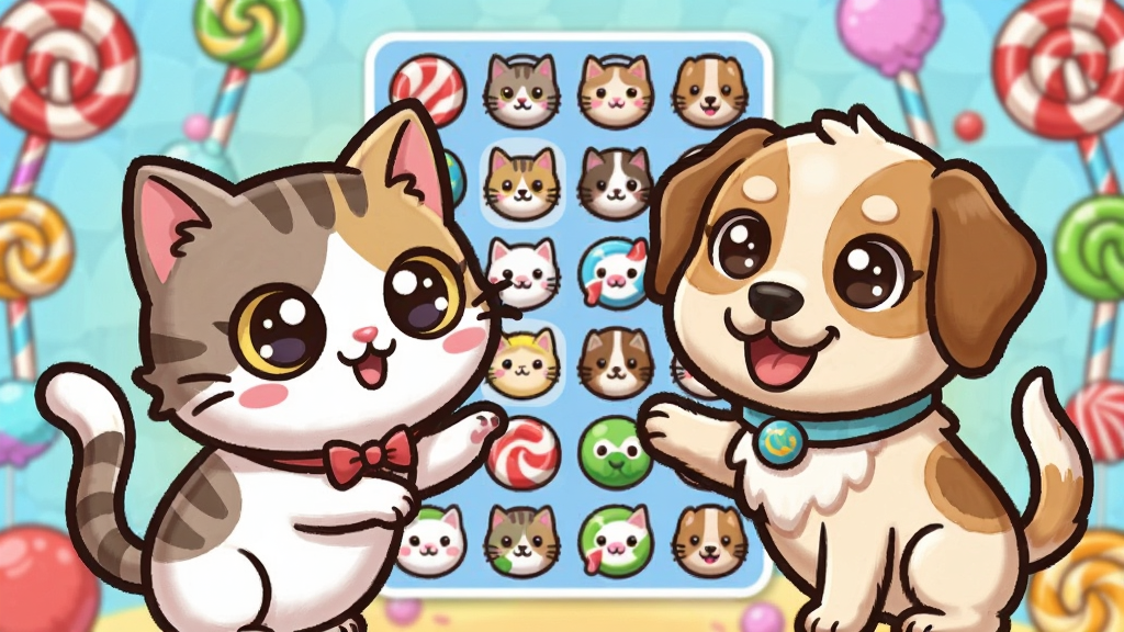 一只可爱的卡通猫和狗在糖果背景中玩连连看游戏画面