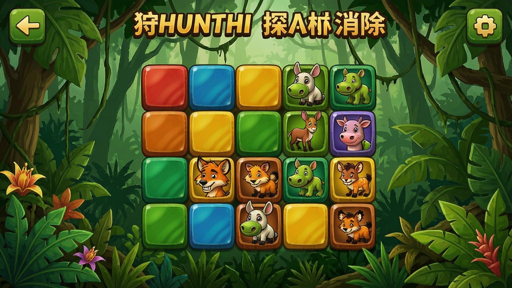 狩猎探险丛林消除游戏界面,彩色方块和动物图标,背景是茂密雨林
