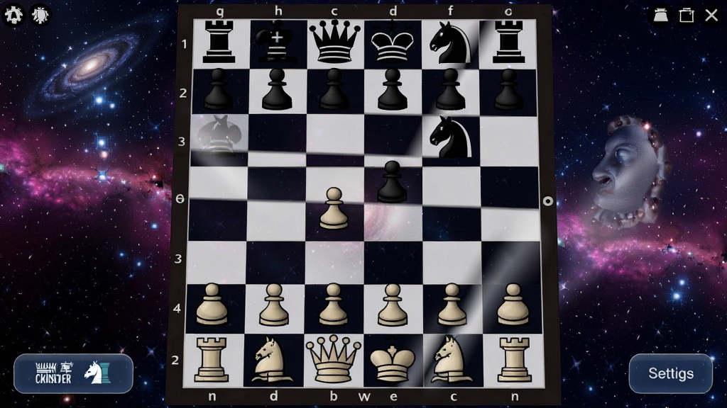 国际象棋大师的秘密游戏界面,显示一个绚丽星空背景下的棋盘,棋子排列整齐,周围有开局库和设置按钮