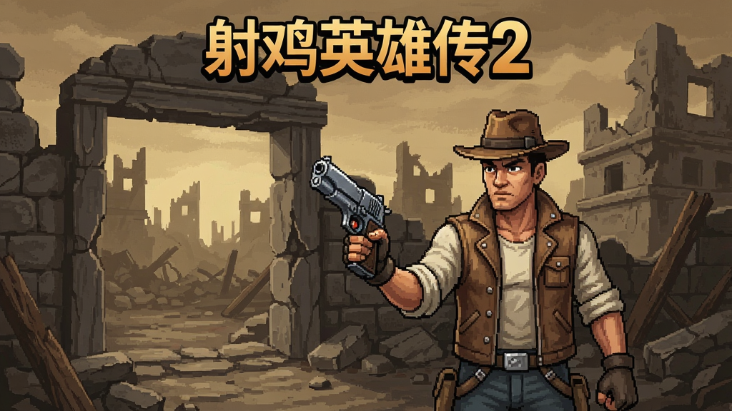 射鸡英雄传2游戏画面,主角站在关卡入口,手持手枪,背景是废墟场景