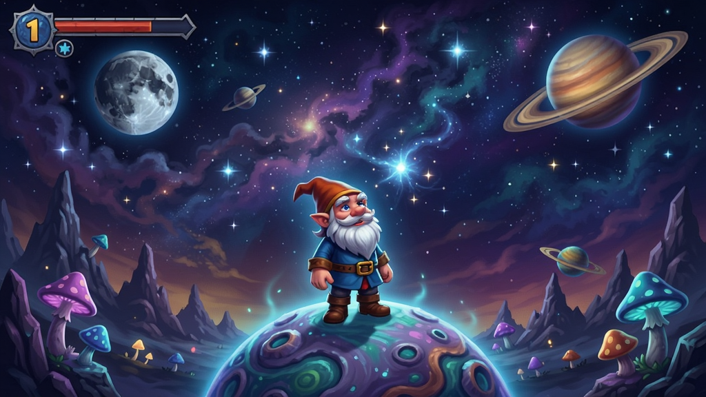 银河历险记1游戏场景,小矮人站在星球上仰望星空,魔幻风格的背景和色彩