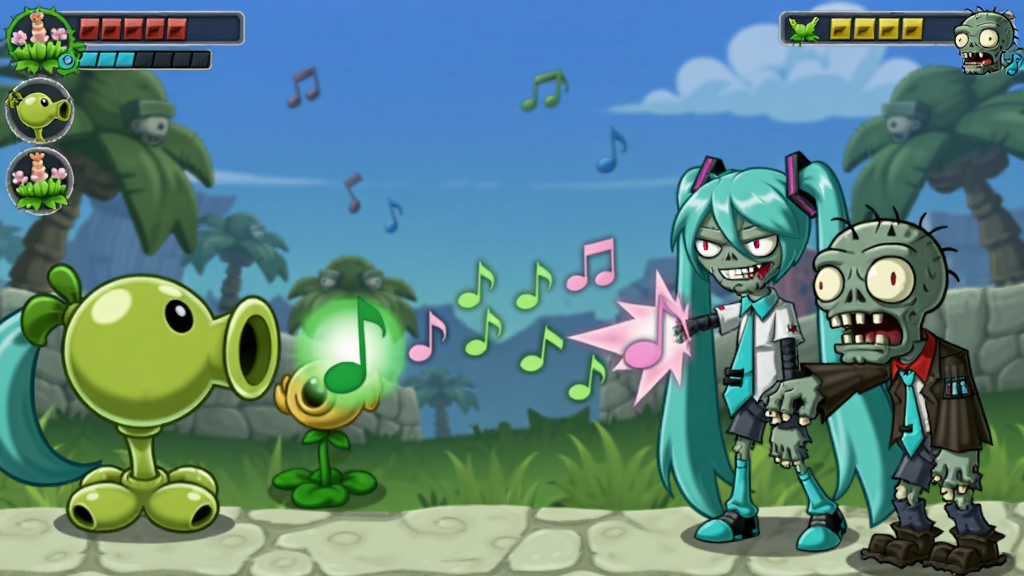 植物大战僵尸初音未来版游戏对战画面,初音豌豆射手发射音符攻击初音僵尸