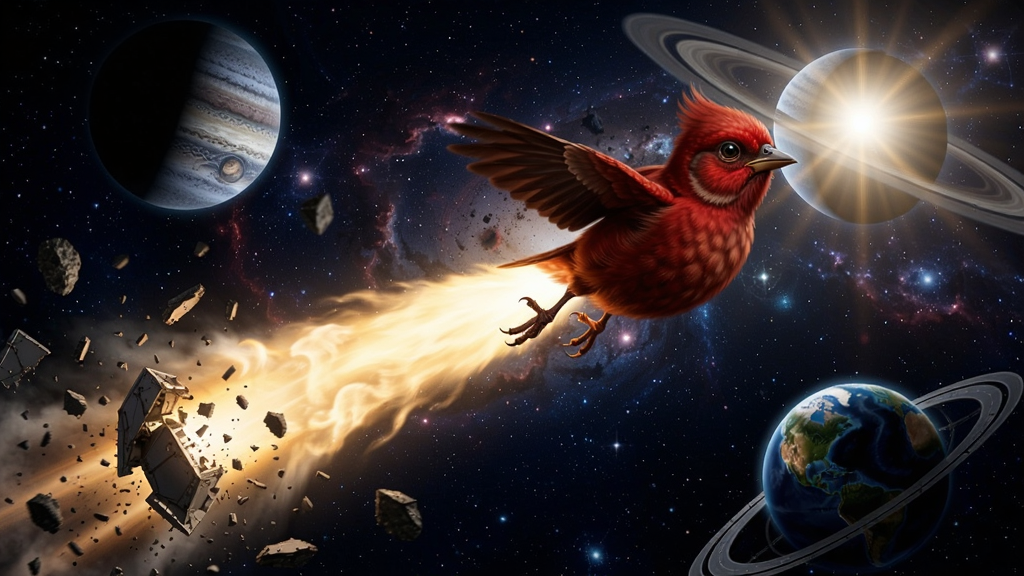 太空背景下一只红色小鸟弹射出去,周围有明亮的行星和碎片飞溃的场景