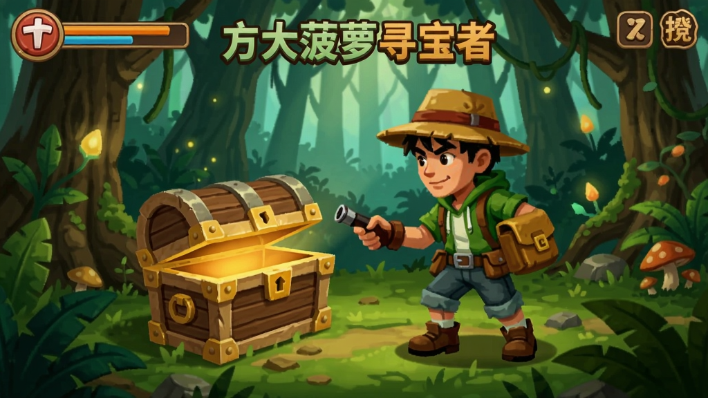 东方大菠萝寻宝者游戏场景、主角在密林中探险发现宝箱
