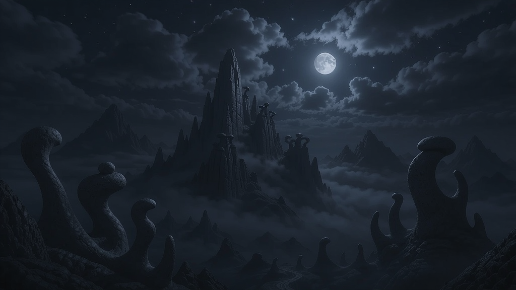 黑暗神秘的山峰夜景,月光透过云层照亮奇异的山石