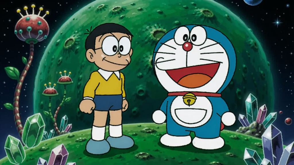 大雄和哆啦A梦站在绿色星球上,周围有奇异植物和发光矿石