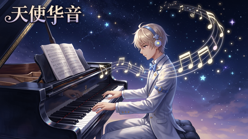 天使华音游戏界面,主角在星空下弹奏钢琴,音符化作光点飘散
