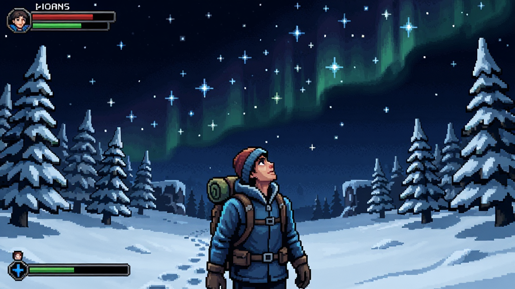 一路向北游戏场景,主角在雪地中仰望星空