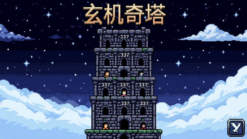 玄机奇塔游戏主界面,像素风格的魔塔337层塔楼外观,背景有星空和云朵,画面复古而充满冒险气息