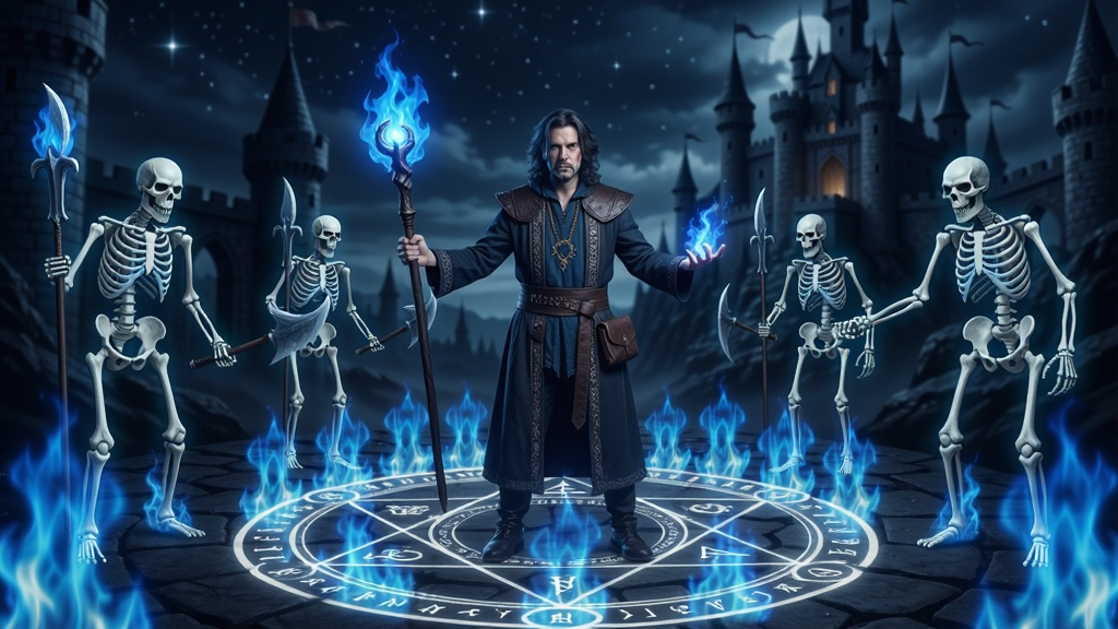 一位术士站在魔法阵中央,周围环绕着蓝色火焰和召唤出的骷髅士兵,背景是神秘的古堡和星空