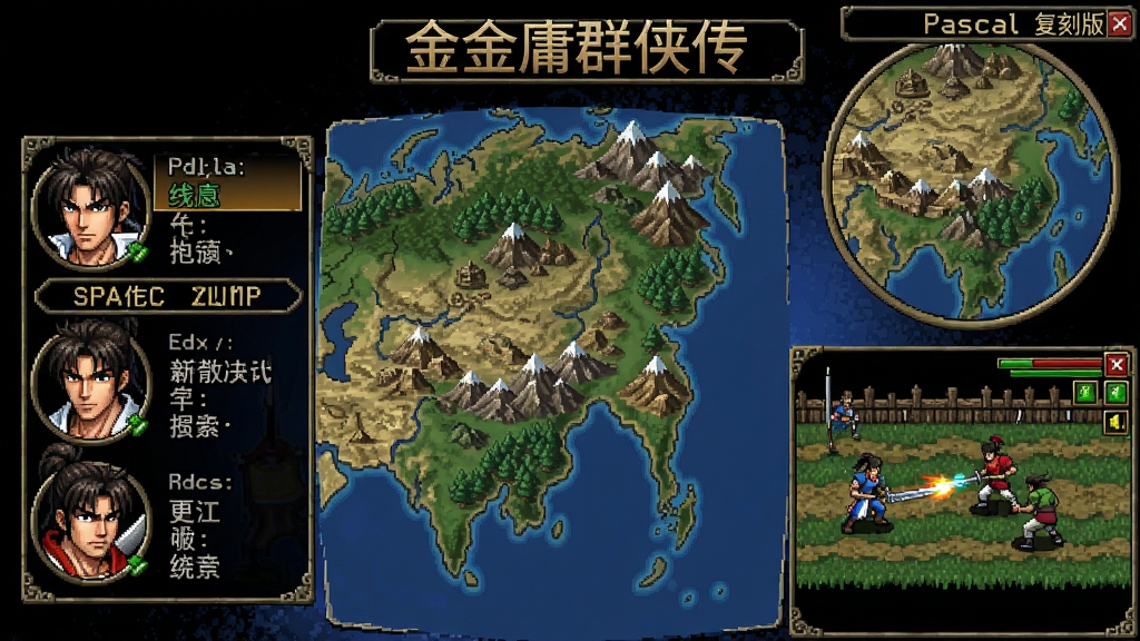 金庸群侠传Pascal复刻版游戏主界面截图,展示角色选择、大地图探索及战斗场景