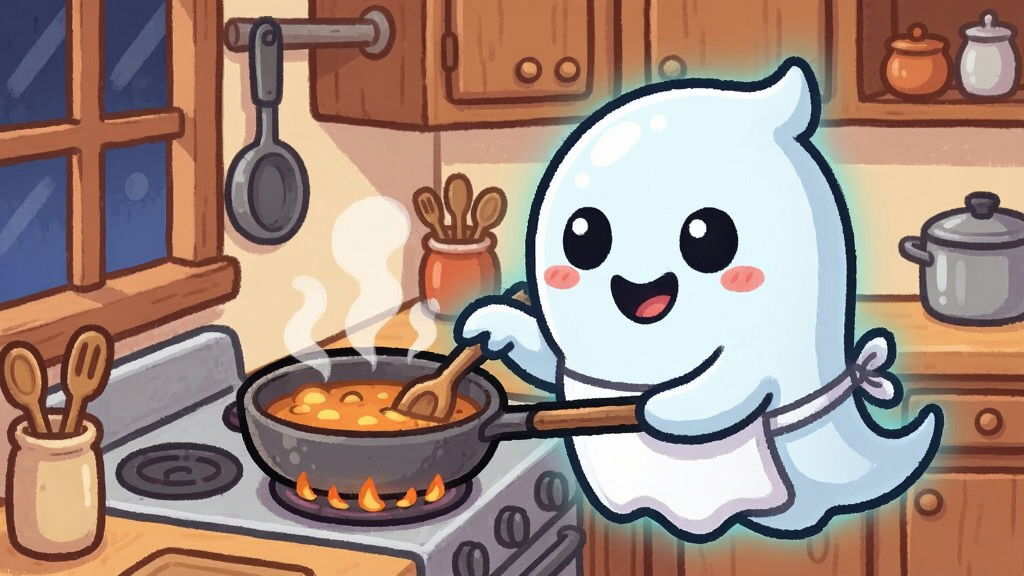 饿死鬼的晚餐游戏画面,一个可爱的鬼魂在厨房里做饭