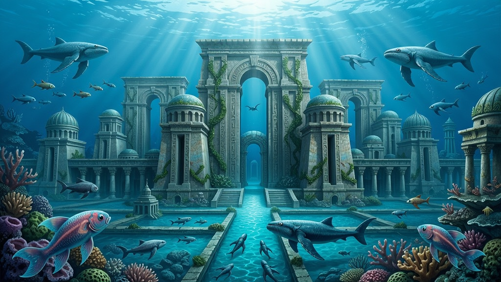 亚特兰蒂斯城市全景,宏伟建筑与海底生物