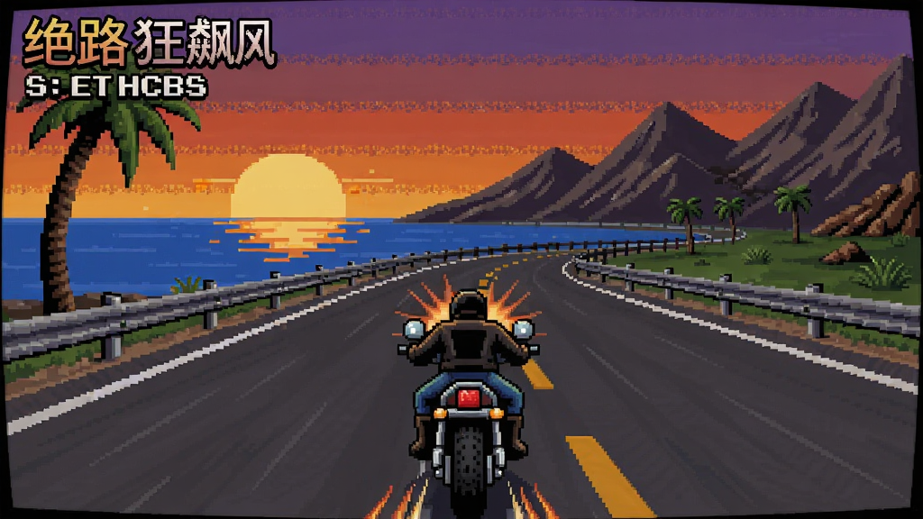 绝路狂飙游戏场景,一辆摩托车在夕阳下的沿海公路上疾驰,远处有山脉,画面风格复古像素风