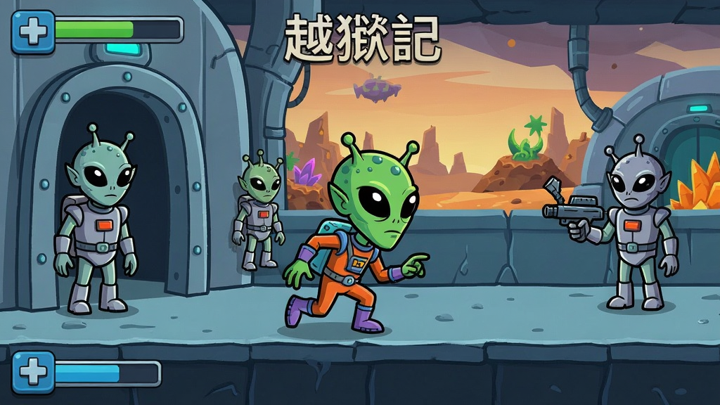 外星人越狱记游戏场景,主角潜行躲避外星守卫的卡通风格画面