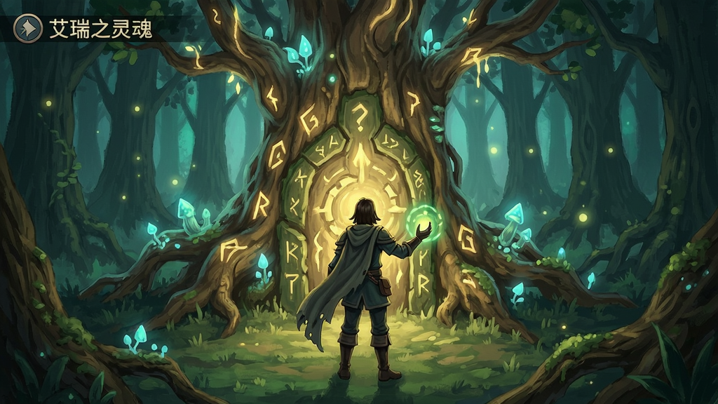 艾瑞之灵魂森林游戏场景,主角在发光树木前解谜